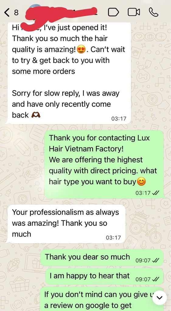 Vietnamese hair feedback of LuxSilk Hair Factory from England customer