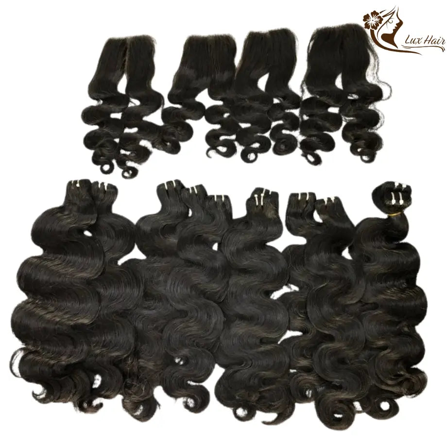Close-up of Lux Hair’s Body Wavy Hair in Natural Black Color – Cuticle Aligned and Tangle-Free

